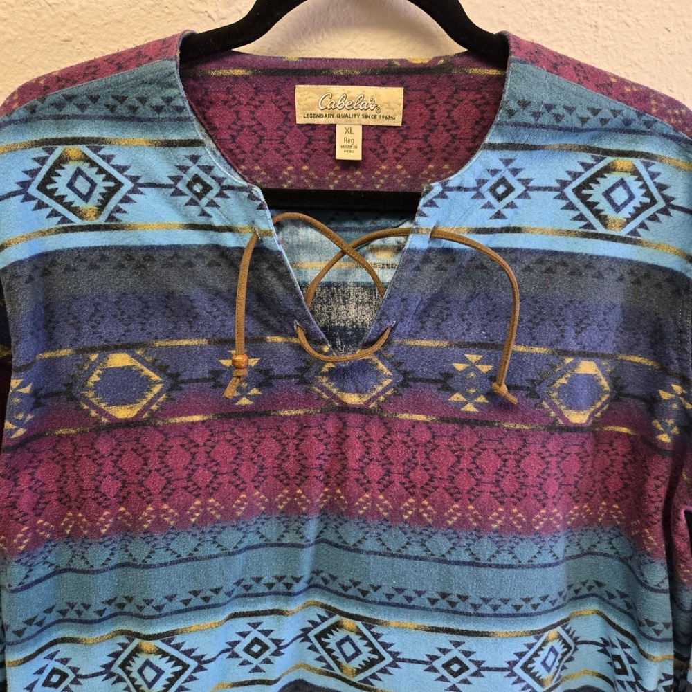 Cabelas XL Western Southwestern Aztec Geometric Lace Up Pullover Shirt Cotton